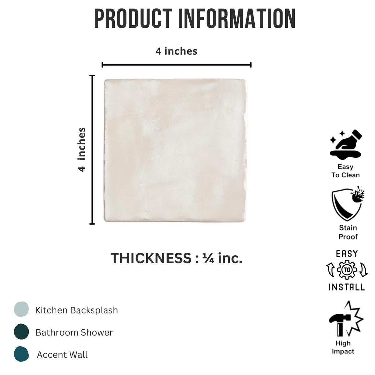 4x4 Inch HTCFD Premium Quality Almond Matte Zellige Ceramic Tile with Subtle Shimmer | Handmade Look Moroccan Square