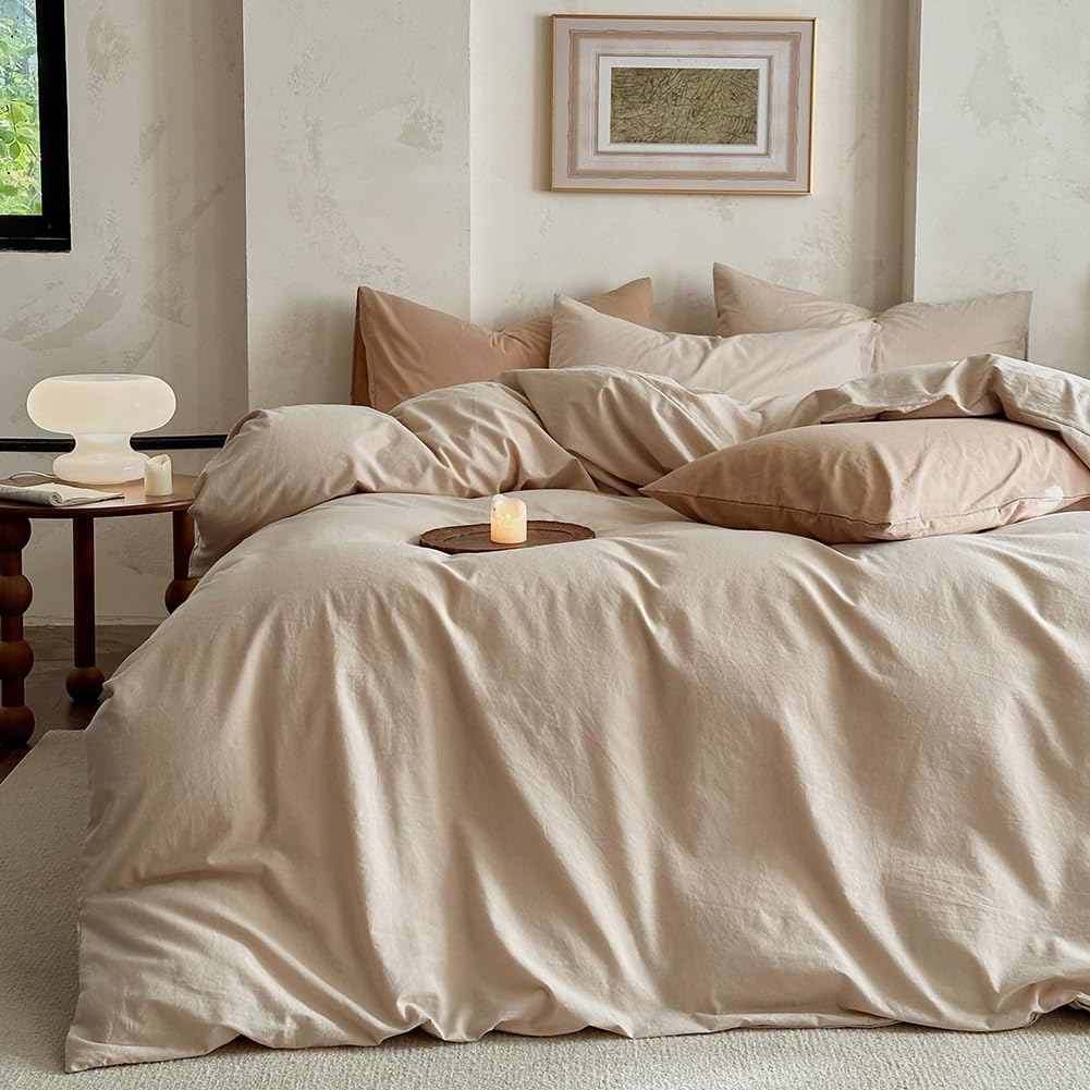 100% Washed Cotton Duvet Cover, Tannish Linen Grey, 68"x90"