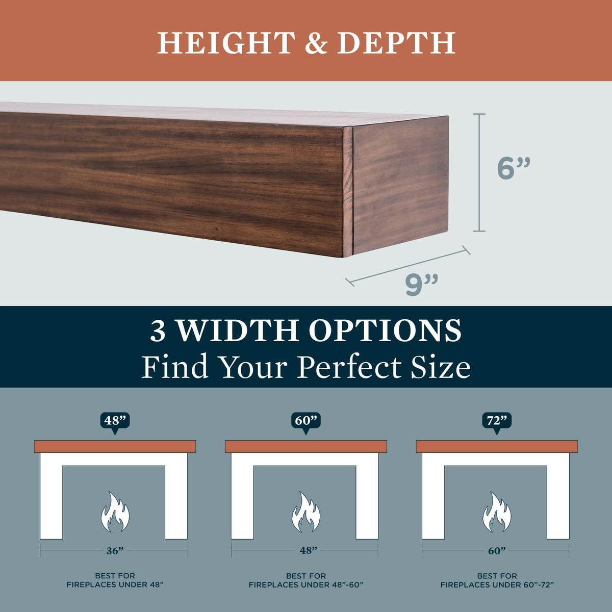 Floating Wood Mantel Shelf with Hidden Storage Compartment - Mocha 60 Inch | Beautiful Wooden Rustic Shelf