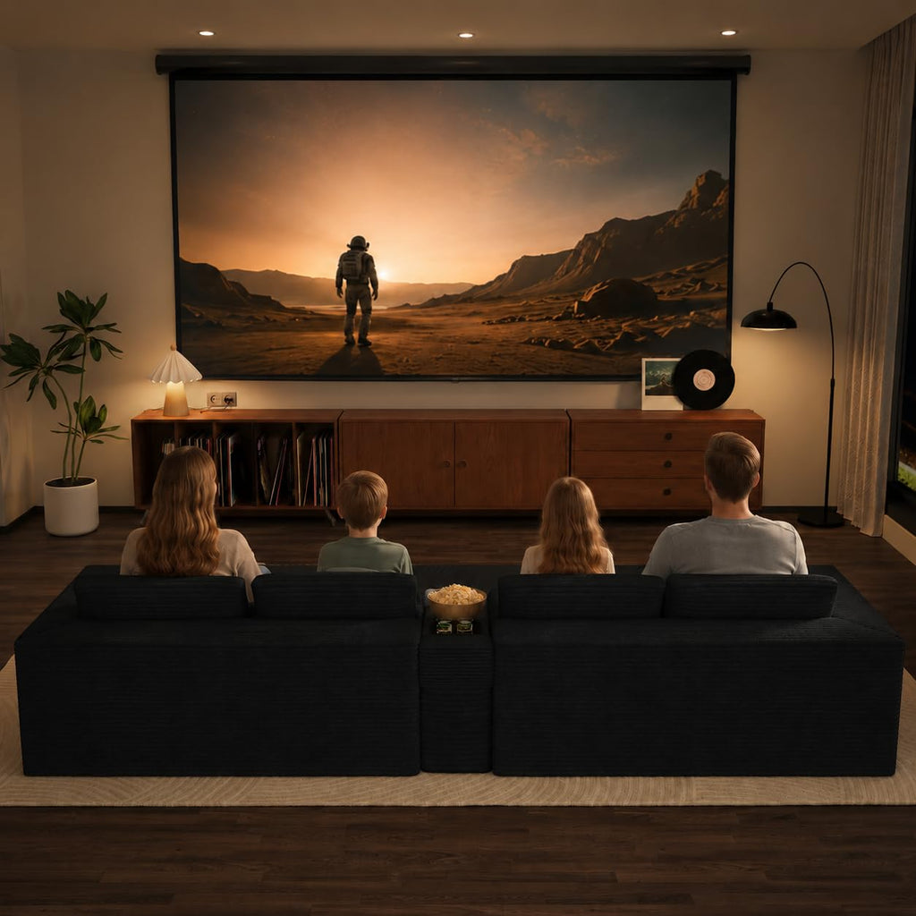 151" U Shaped Modular Sectional, Storage Console, 6 Seater, Light Black