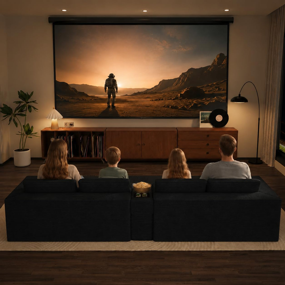 151" U Shaped Modular Sectional, Storage Console, 6 Seater, Light Black