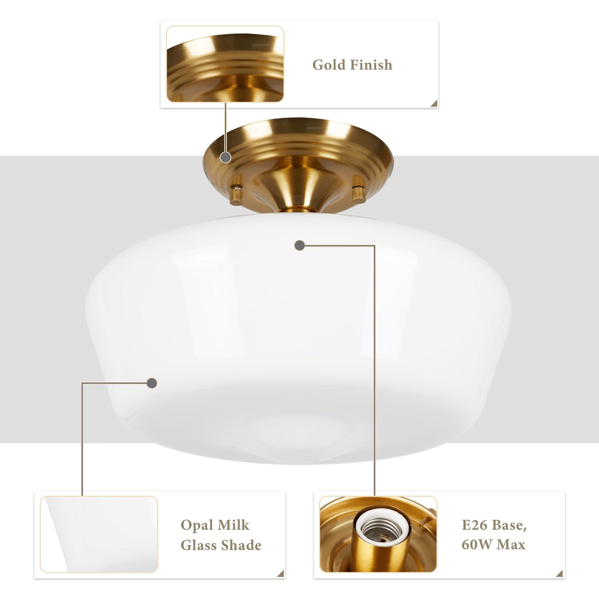 Schoolhouse Style Semi Flush Mount Ceiling Light Fixture, 12" Modern Gold Hallway Ceiling Lamp with Opal Milk Glass