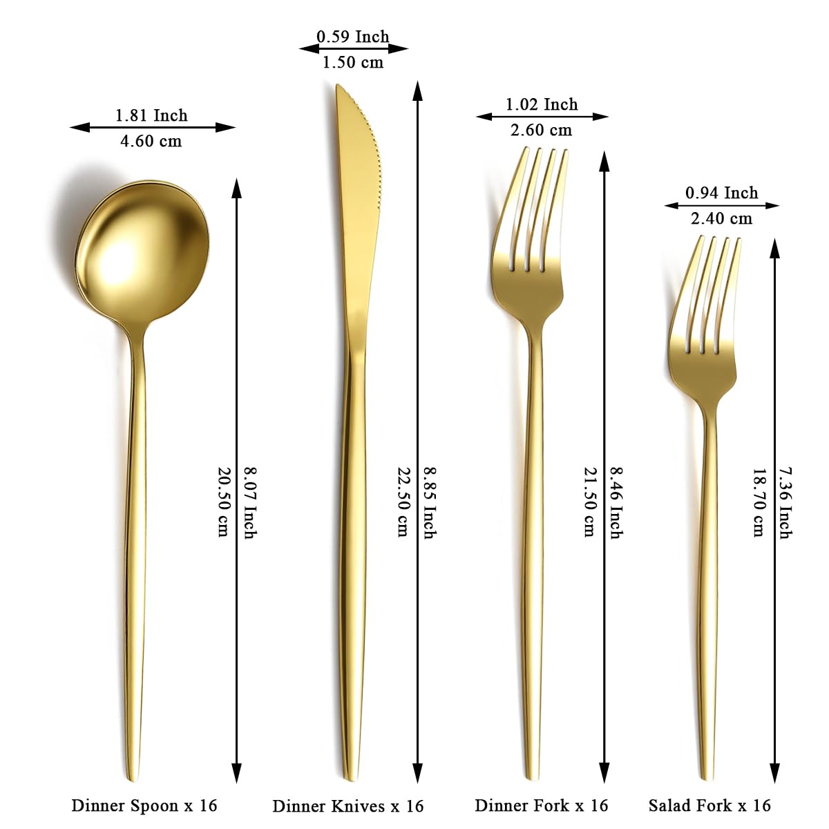 Gold Silverware Set 64 Piece Service for 16, Titanium Gold Plated Stainless Steel Flatware Set, Knives Forks Spoons