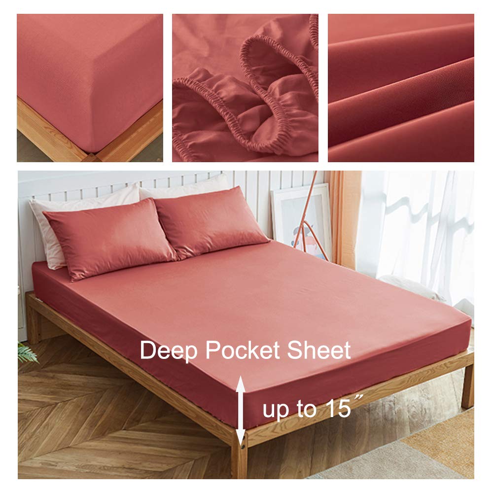 100% Long Staple Natural Cotton Soft Solid Coral Fitted Sheet Bed Sheet Set 15" Deep Pocket Size-1 Fitted