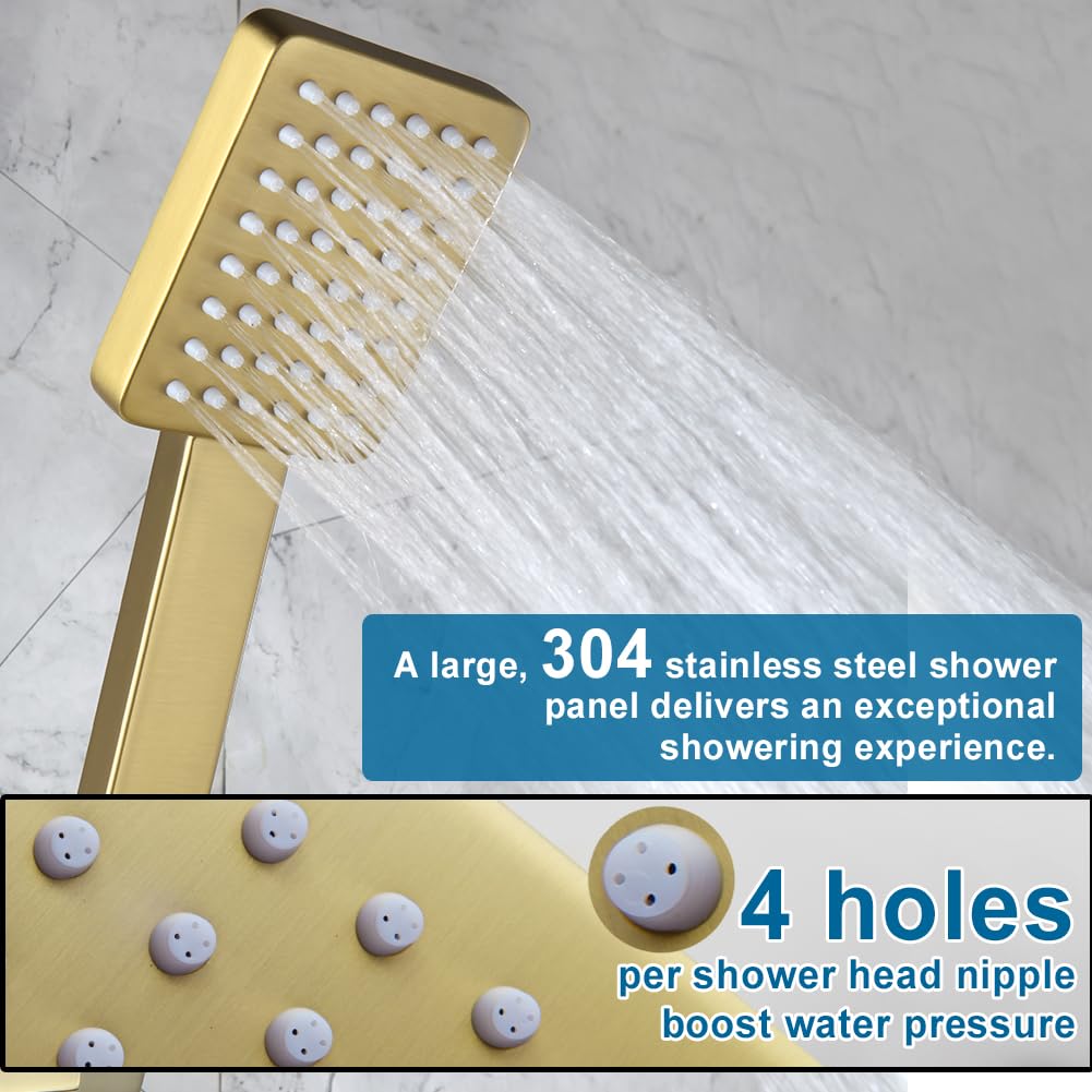 Shower Tub Faucet Set Brushed Gold Bathroom Shower System with Tub Spout Wall Mounted Rainfall 12 Inch Thickened