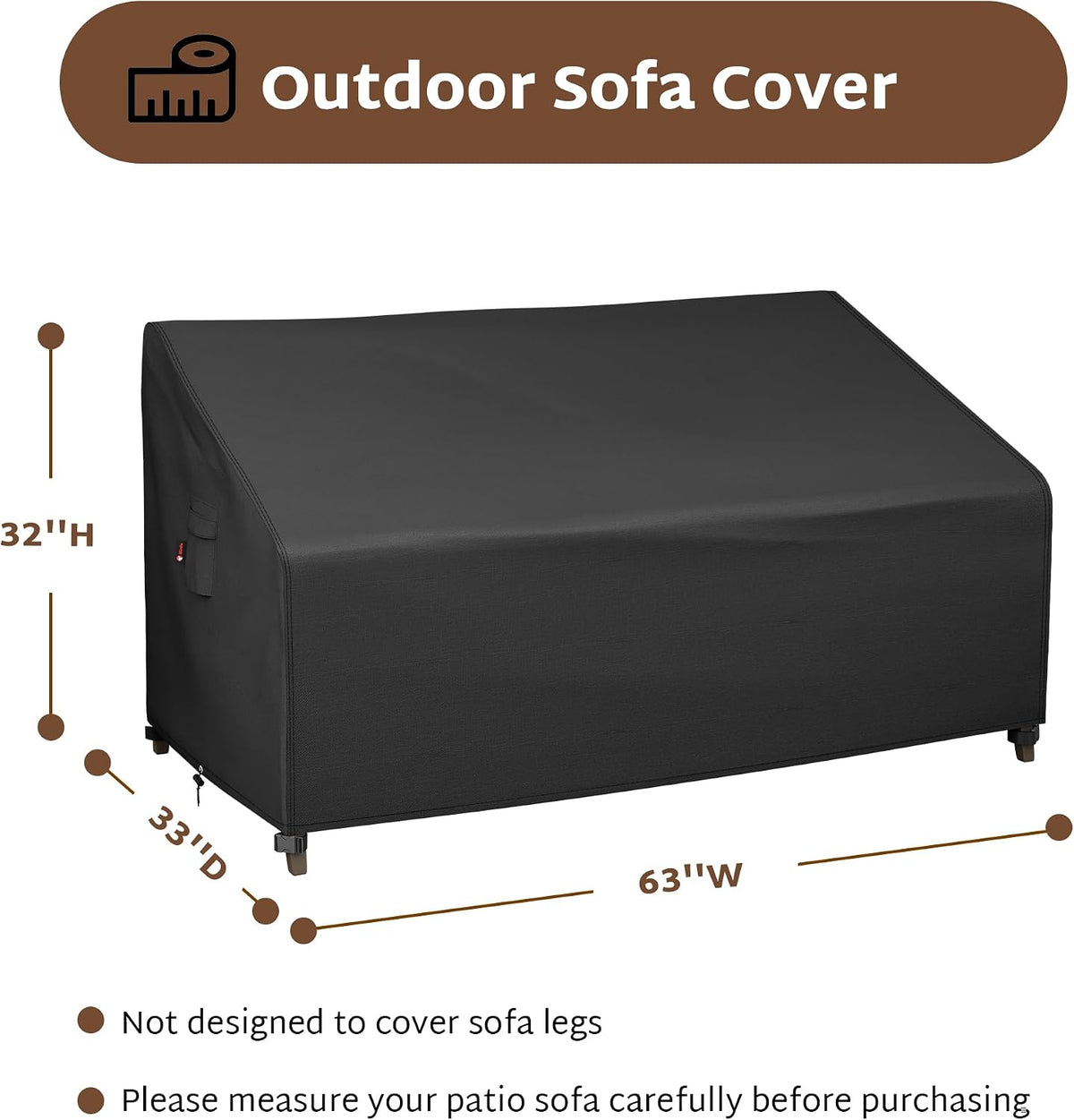 Outdoor Couch Sofa Cover 63 x 33 x 32 inch Loveseat Bench | Waterproof, WeatherProof, 600D Heavy Duty, 2-Seater Patio