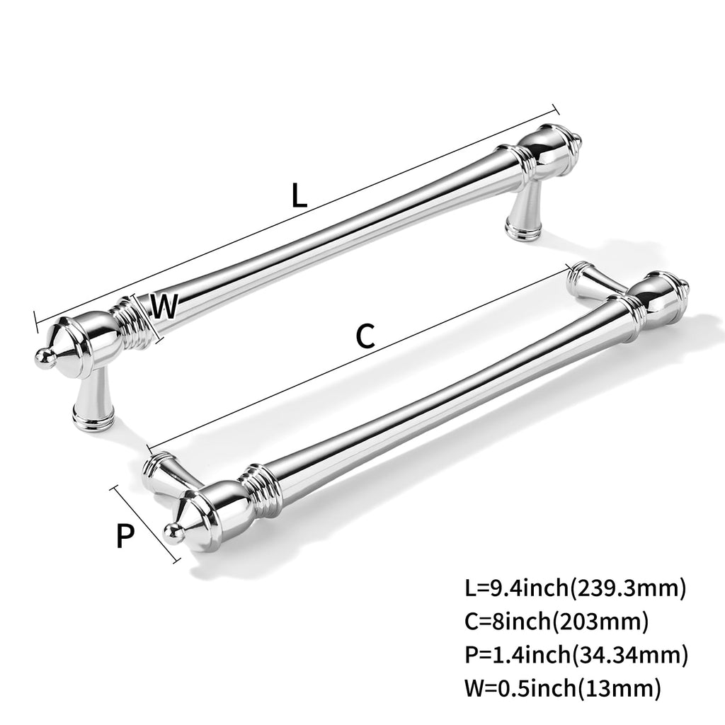 10 Pack 8 inch(203mm) Hole Center Virbant Polished Chrome Cabinet Pulls Heavy-Duty Solid Cabinet Hardware Drawer