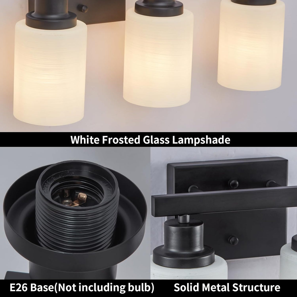 3-Light Bathroom Light Fixtures Over Mirror, Modern Matte Black Vanity Lights with White Frosted Glass Shade