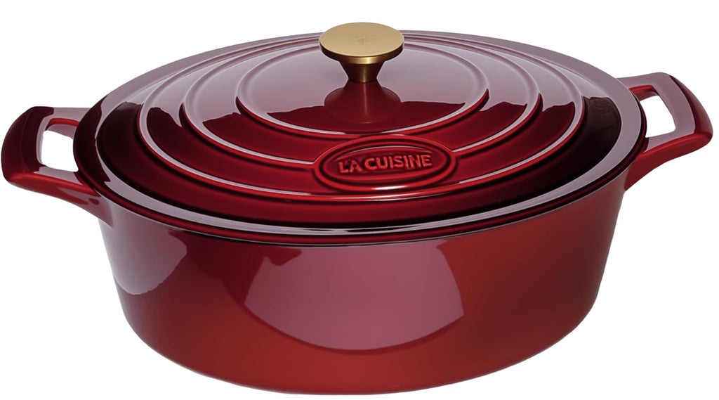 Enameled Cast Iron Oval Dutch Oven Casserole Dish Pot with Lid 5 QT Internal Matt Black Enamel Coating, Cranberry