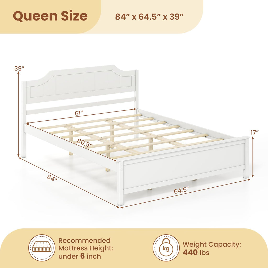 Queen Size Wooden Bed Frame with Headboard, Wood Slat Support