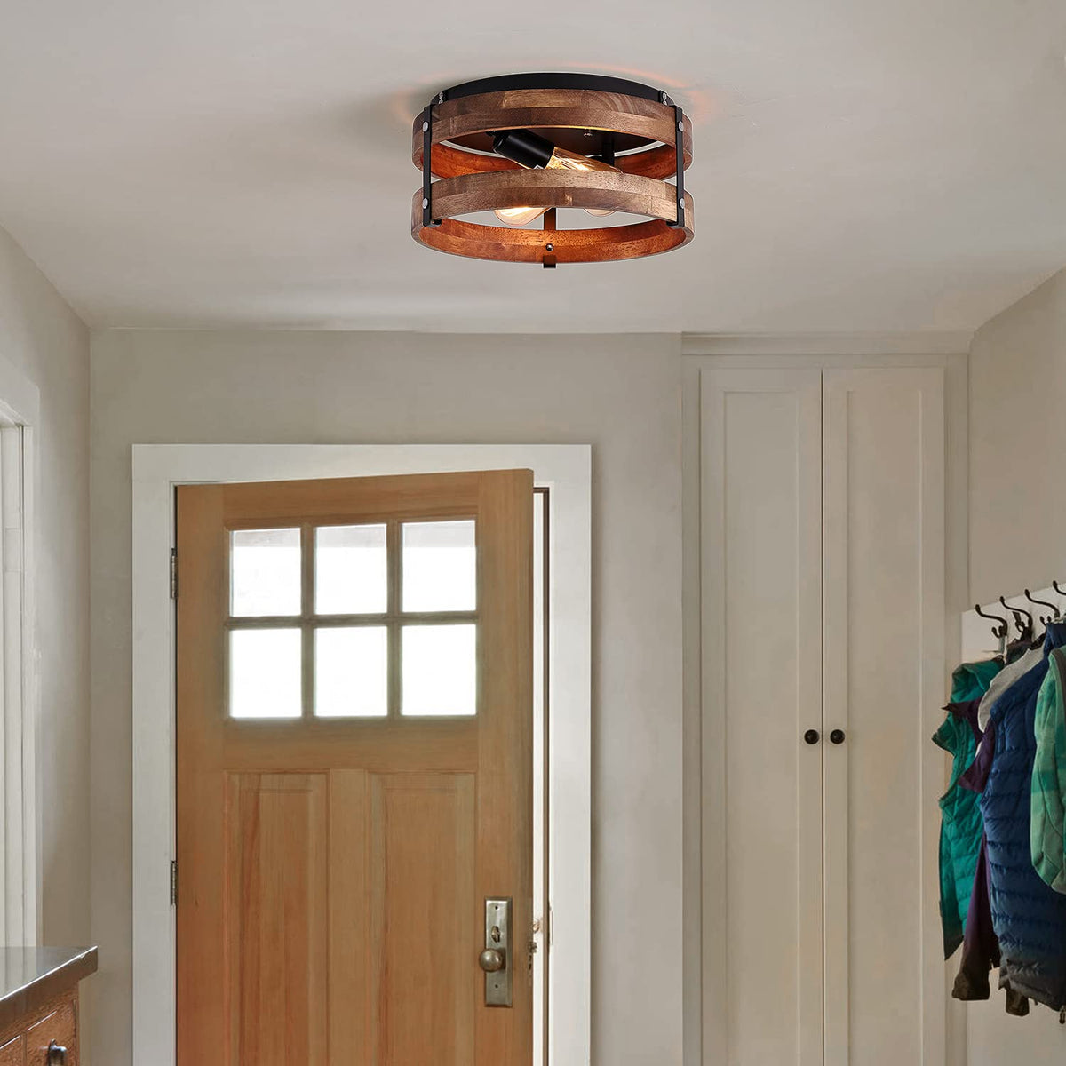 2-Light Rustic Flush Mount Light Fixture Oak Wood Round Drum Semi Flush Mount Ceiling Light Bedroom Kitchen Entryway