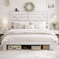 Farmhouse Bed Frame with Headboard, LED Lights, USB Charging