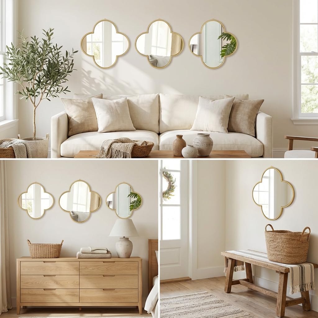 Gold Clover Wall Mirrors, 9.9 x 9.9 Inches, Set of 3