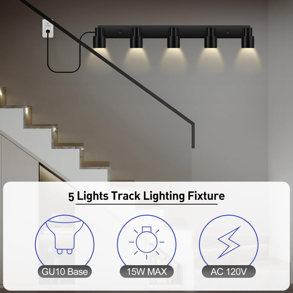 Plug in Track Lighting, 30" LED Track Light Fixtures Ceiling, Black 5 Way Ceiling Lights, 15FT Cord, Rotatable Light