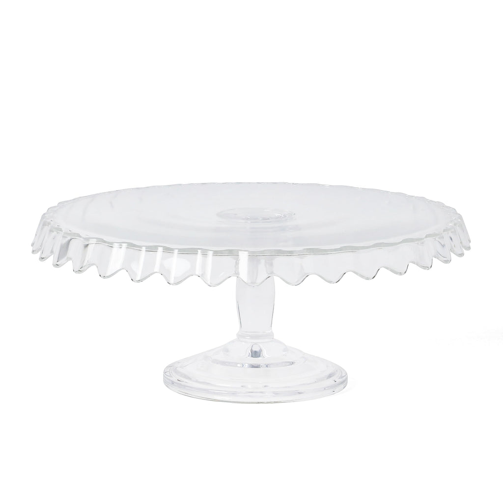 Watercrest Glass Cake Stand, 10.2 Inch Footed Pedestal Cake Plate with Scalloped Ruffled Edge, Clear Handmade