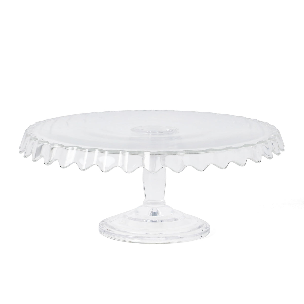 Watercrest Glass Cake Stand, 10.2 Inch Footed Pedestal Cake Plate with Scalloped Ruffled Edge, Clear Handmade