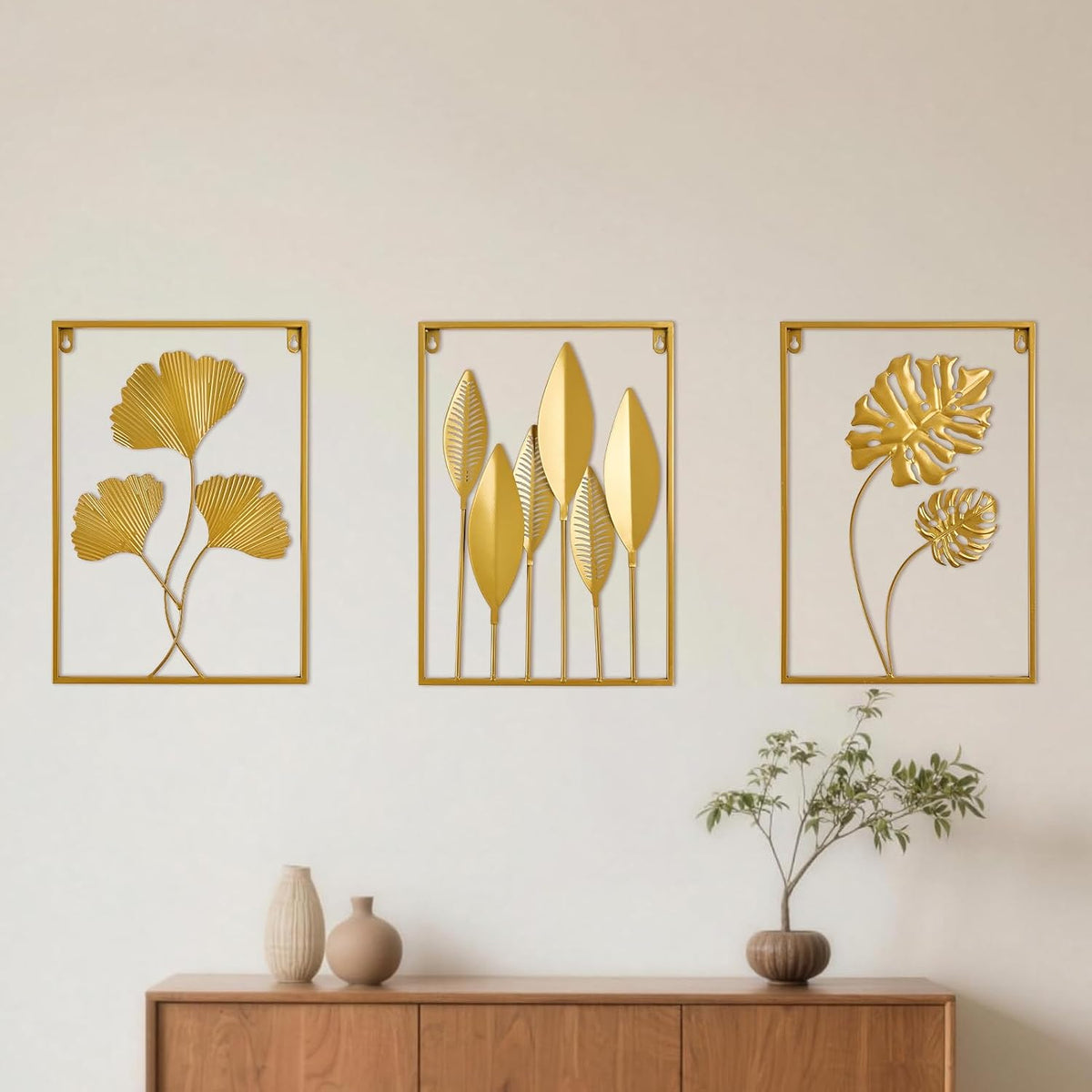 Metal Wall Art 3D Minimalist Tree Leaf Wall Sculpture Decor, Gold Framed Wall Art Bedroom Dining Room Office - Set of 3