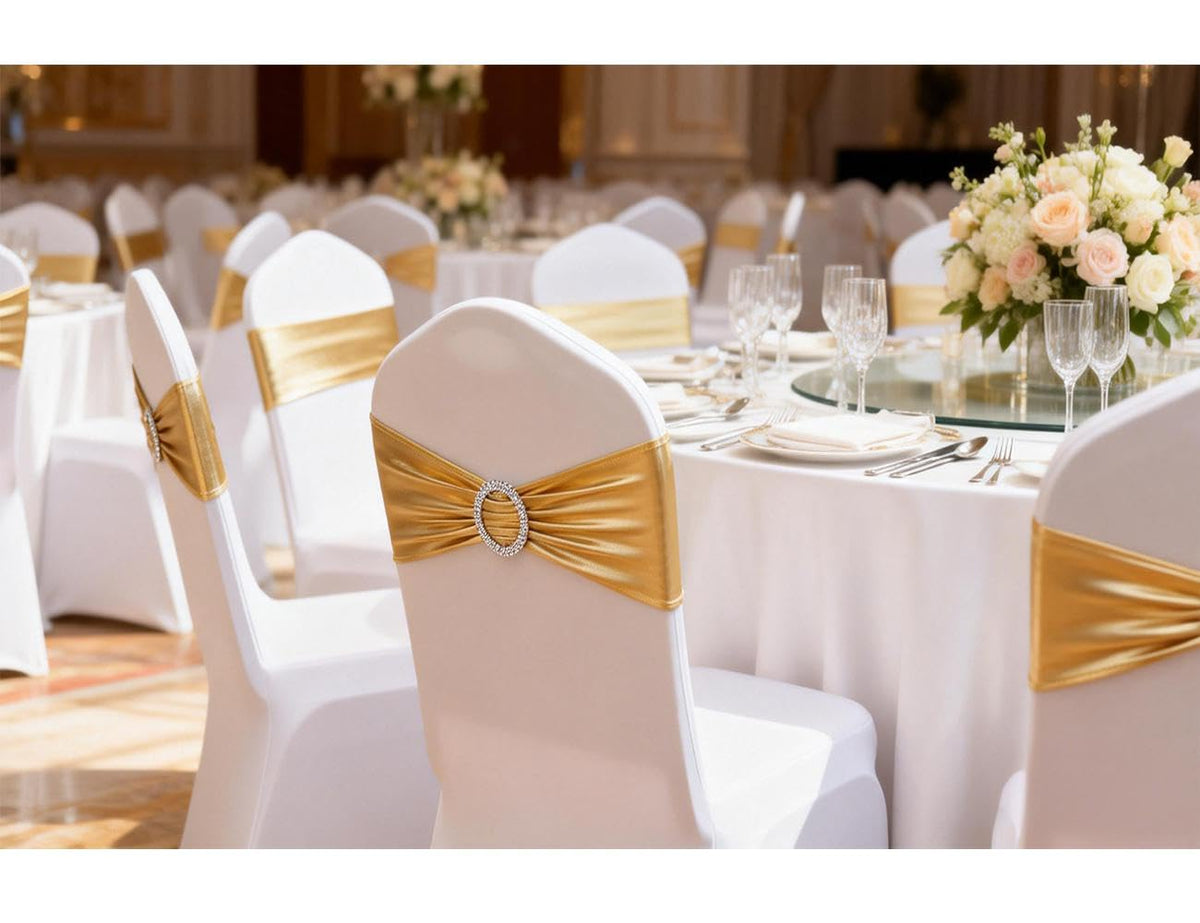 Gold Chair Sashes 100 Pack, Spandex Sashes for Chairs Wedding Reception, Stretch Chair Bands Bows for Party Banquet