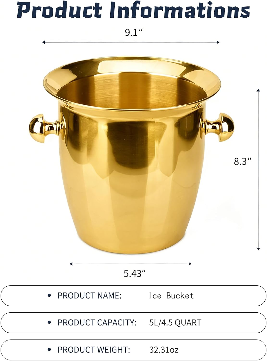 Ice Bucket, Large Ice Bucket for Parties, 5L Portable Stainless Steel Wine Buckets with Handle for Champagne, Beer