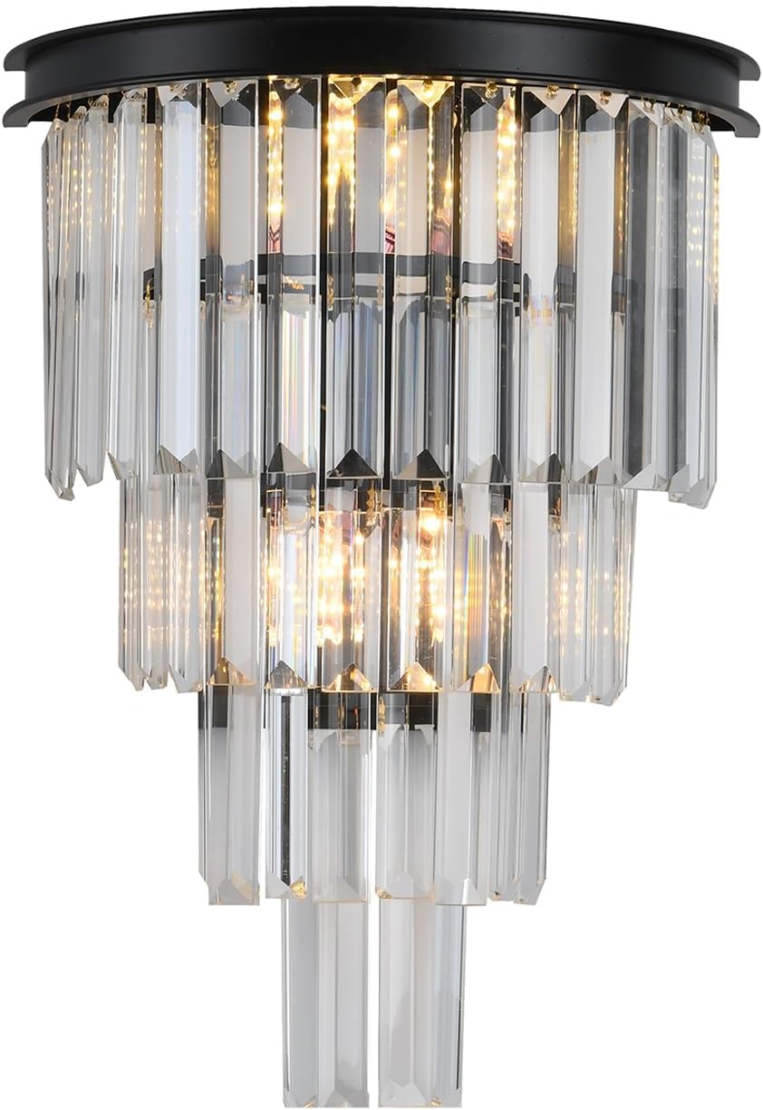 Black Crystal Wall Sconce, Modern 4-Tiers K9 Clear Crystal Wall Light Bedside Wall Mount Lamp for Living Room Bedroom