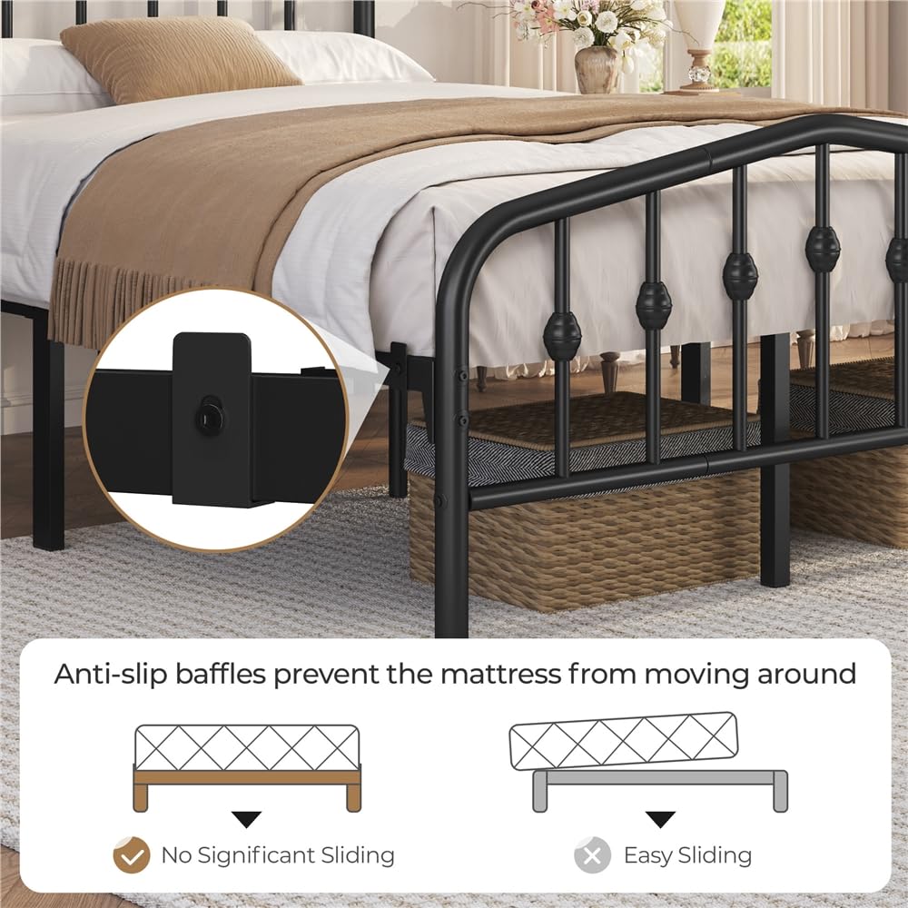 Metal Bed Frame with Victorian Vintage Headboard, Black