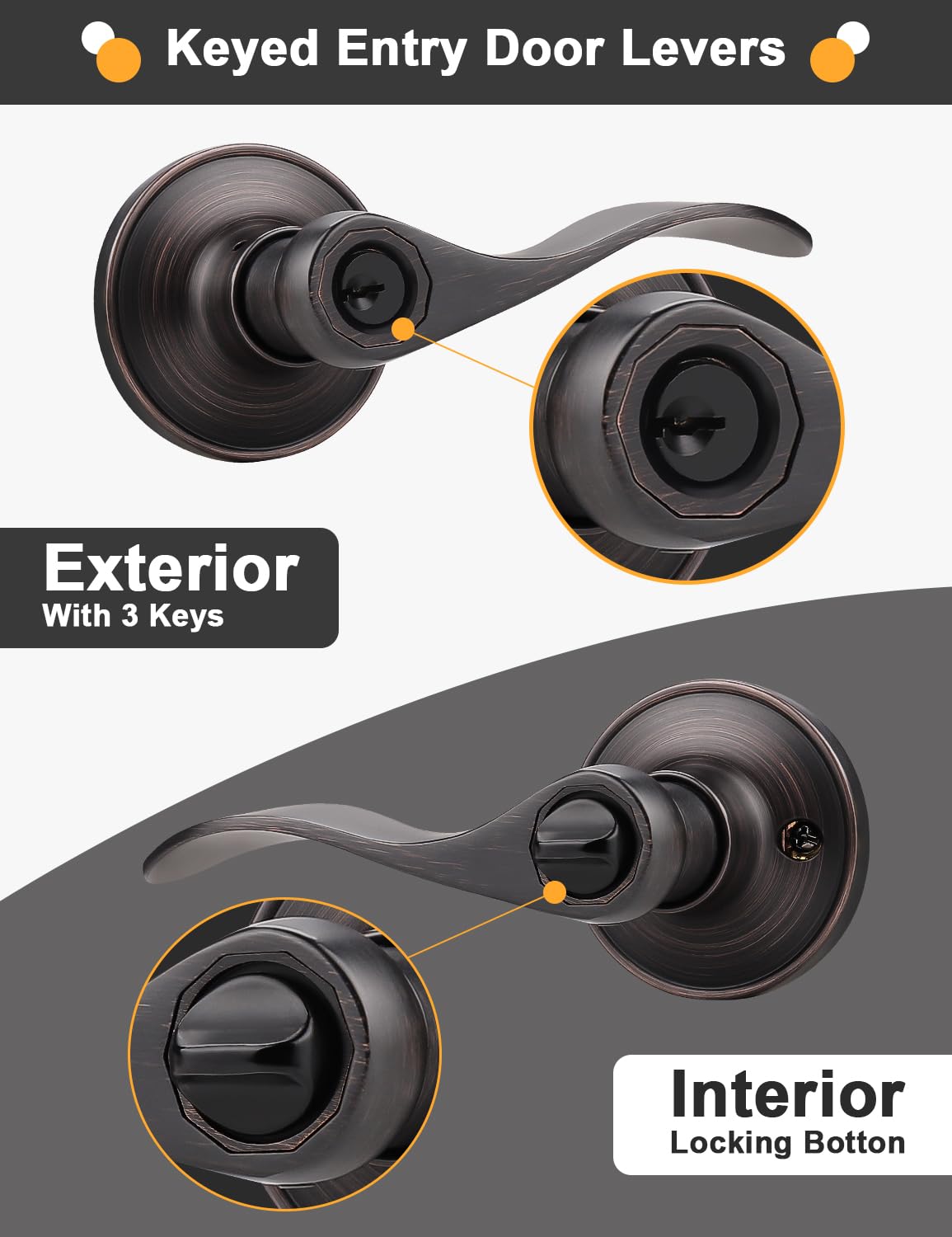 Oil Rubbed Bronze Keyes Entry Door Locks Wave Handle Lever, 1Pack
