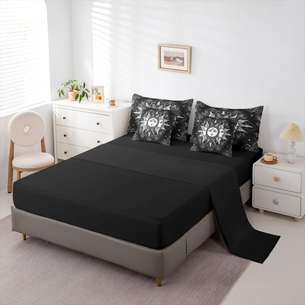 Bohemian Black and White Bed in a Bag Queen Comforter Set 7-Piece | Sun and Moon Bedding Sets Boho Floral Paisley