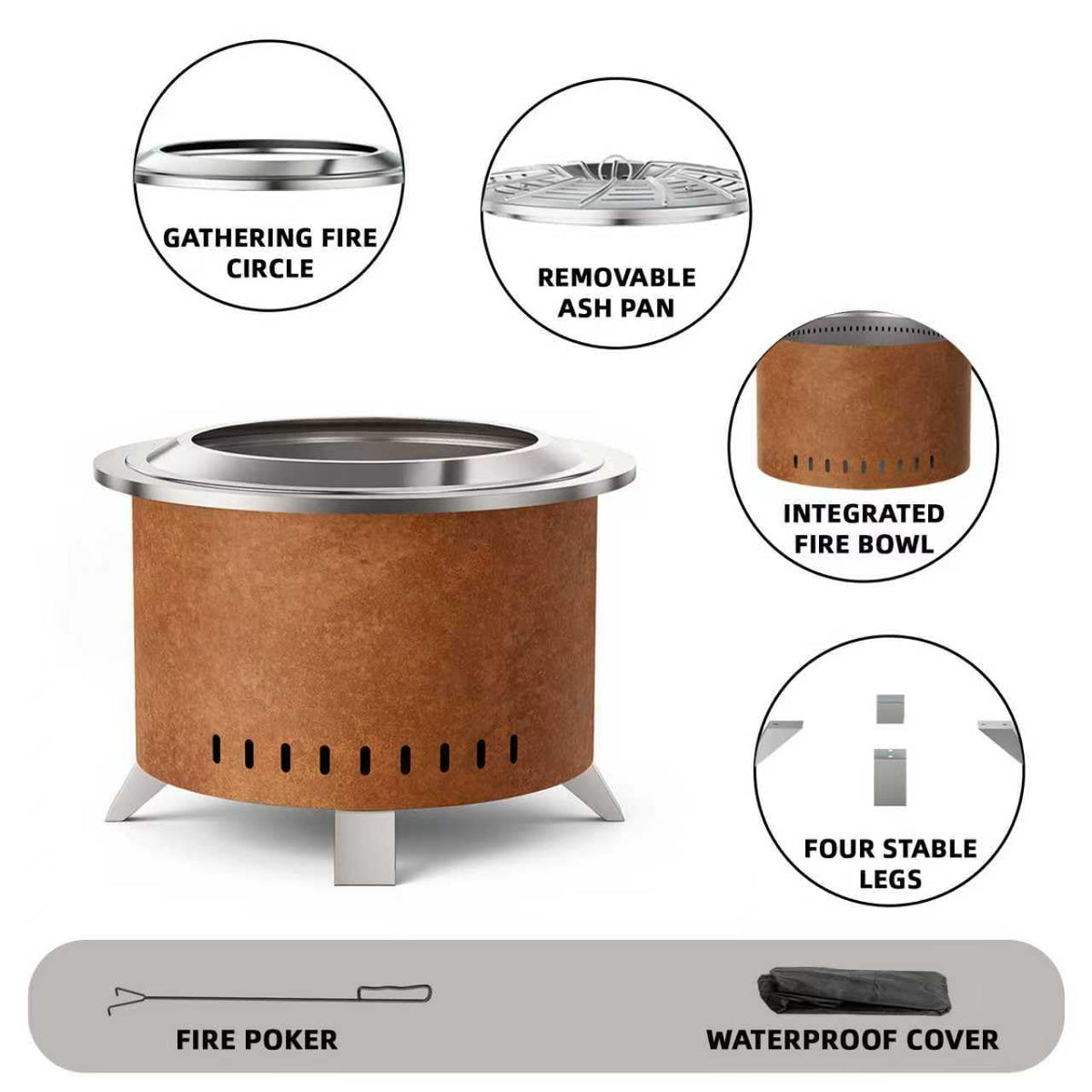 22 Inch Smokeless Fire Pit Stainless Steel Firepit with Cover
