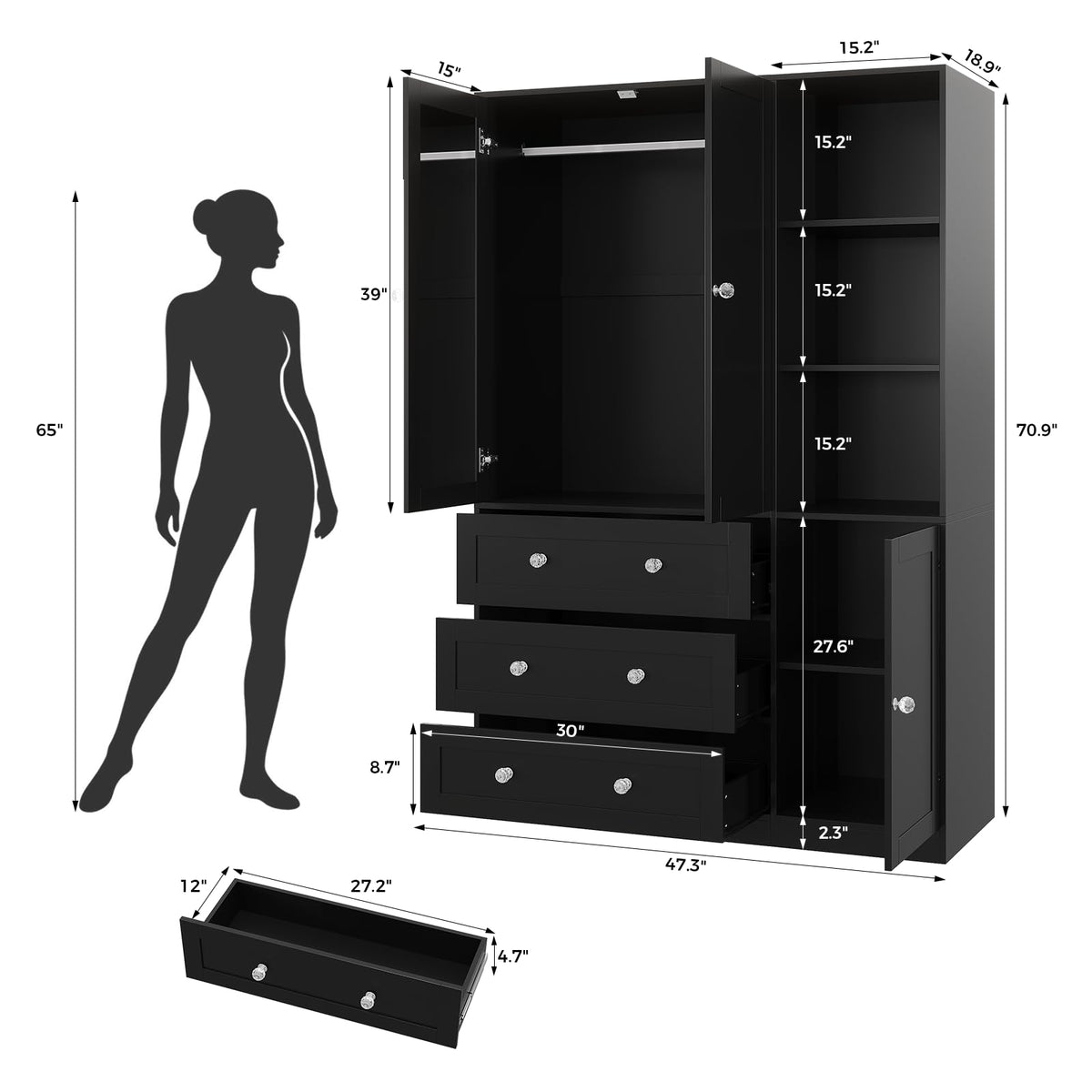 71"H Armoire Wardrobe Closet with Mirror and Open Shelves (2, Black)