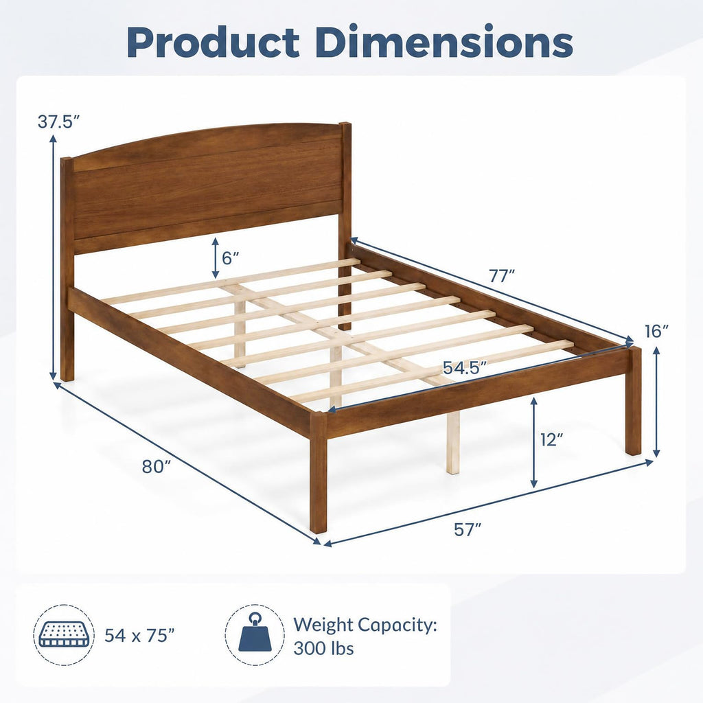Full Size Bed Frame, Wooden Platform Bed with Curved Headboard
