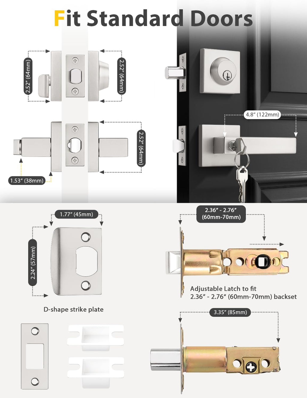 6 Pack Brushed Nickel Keyed Alike Front/Exterior Door Lever with Single Cylinder Deadbolt, Square Entry Door Knob