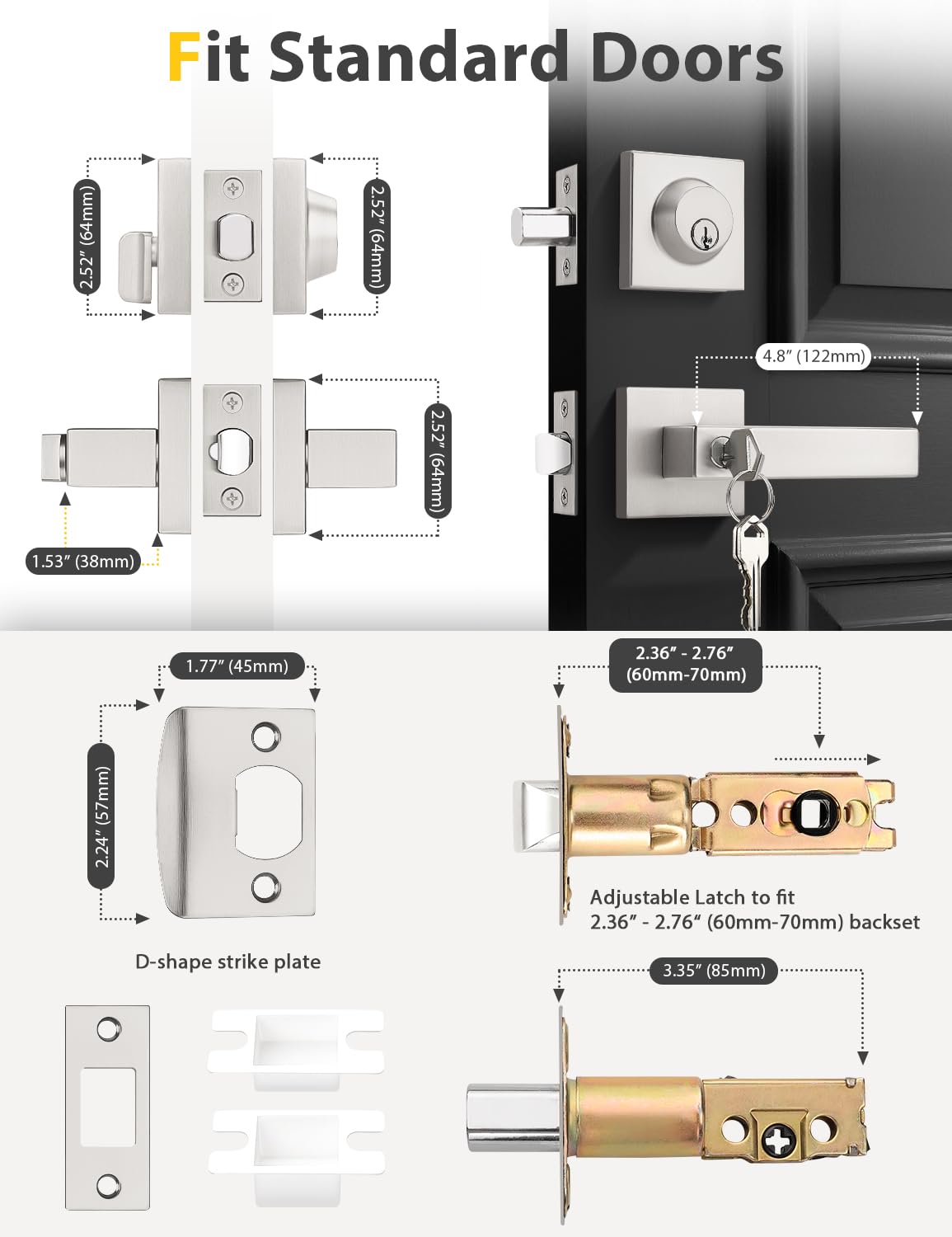 6 Pack Brushed Nickel Keyed Alike Front/Exterior Door Lever with Single Cylinder Deadbolt, Square Entry Door Knob