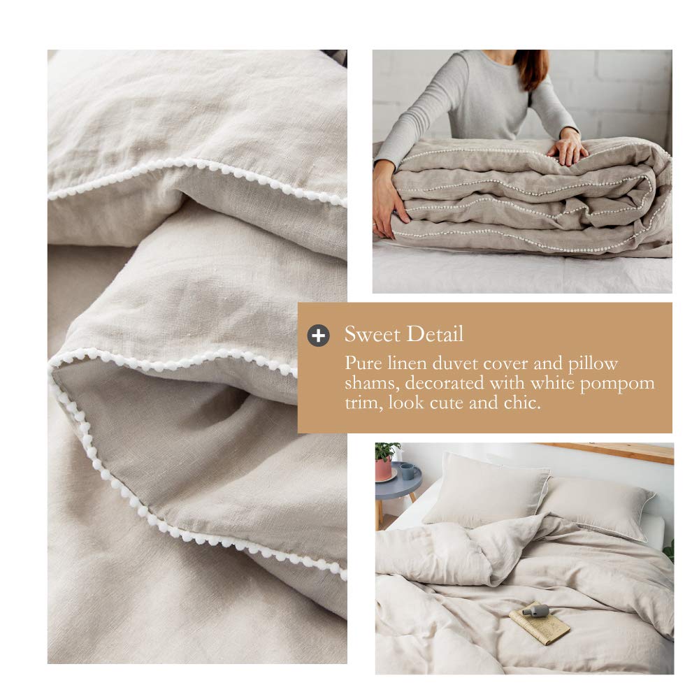 100% Washed Linen Duvet Cover with Pom Pom Trim, Natural French Flax Bedding Set Soft Breathable, 1 Farmhouse Boho