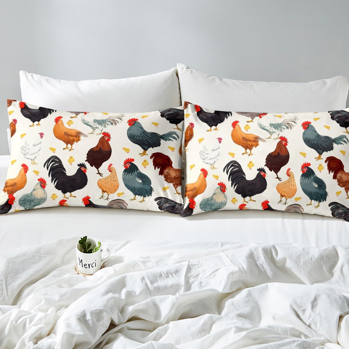 Farmhouse Style Bed Sheet Set 4 Piece, Cute Chickens Livestock Sheets Bed Set, Rustic Animal Theme Bedding