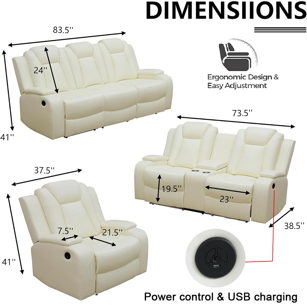 Power Leather Recliner Sofa Set with LED, Leather Living Room Set, Reclining Couch Set with USB Port/Cup
