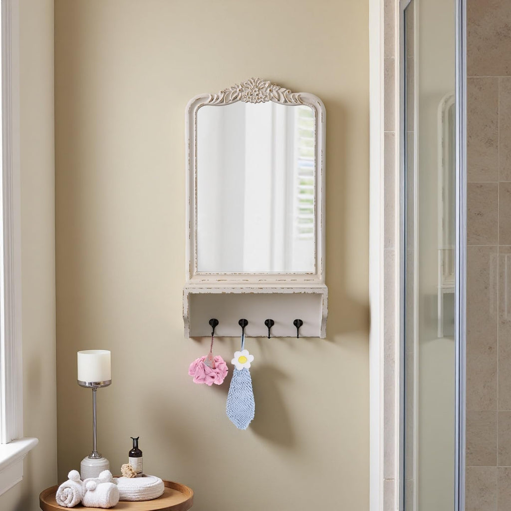 Vintage Mirror with Shelf and 4 Hooks 30 X 16 Inch