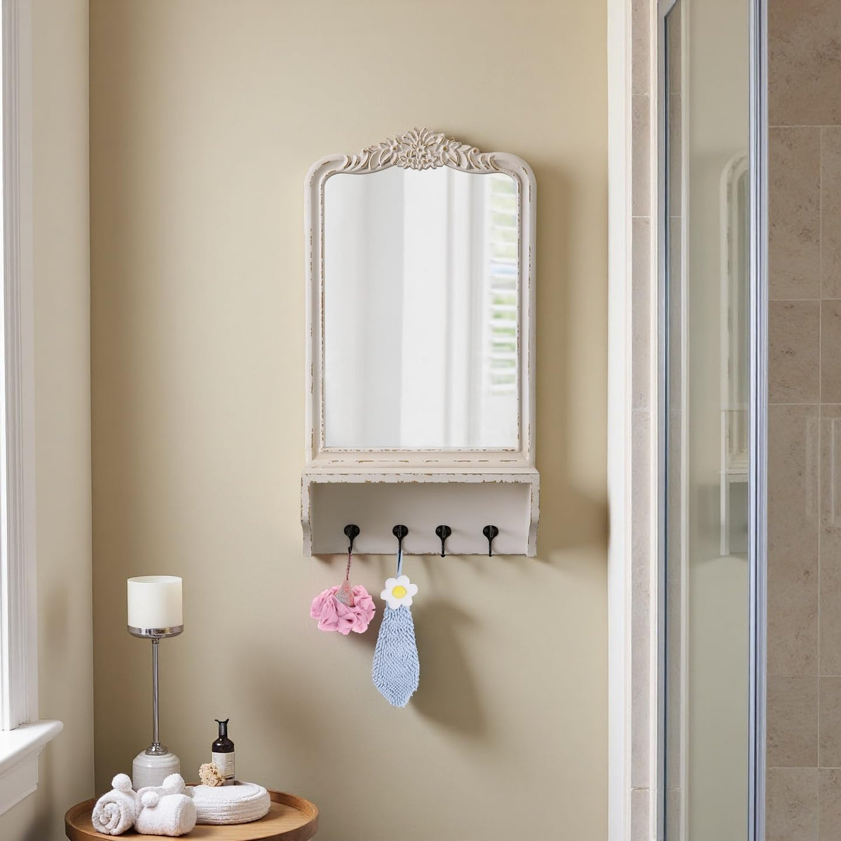 Vintage Mirror with Shelf and 4 Hooks 30 X 16 Inch