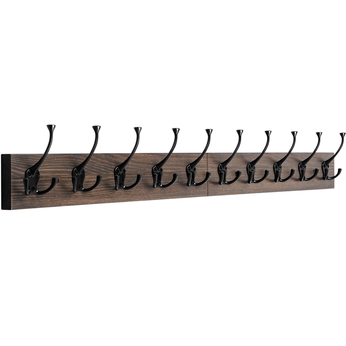 Vintage Wall Mounted Coat Rack, 34" Long with 10 Black Tri-Hooks