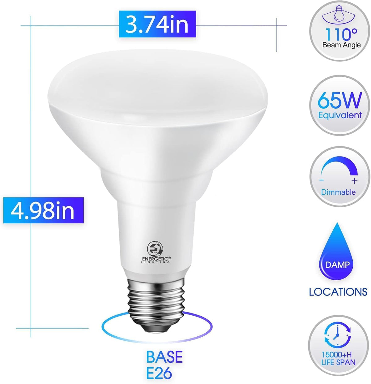 Energetic LED Flood Light Bulbs BR30, 65W Equivalent, Dimmable, Soft White 2700K, 750lm, Indoor Flood Lights