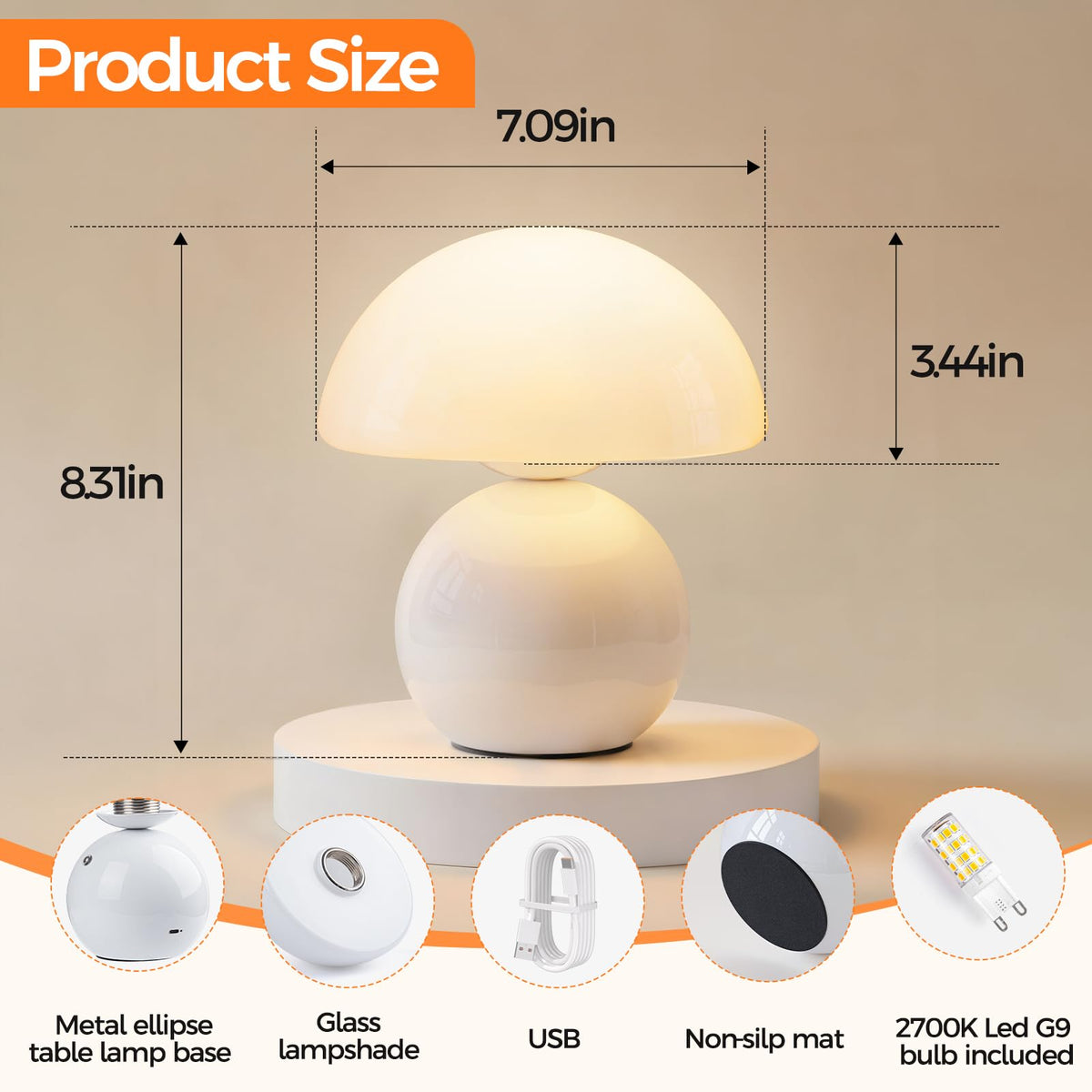 Wireless Mushroom Lamp,Table Lamp, Portables Cordless Lamps,Wireless lamp,Small Bedside Table Touch Lamps,Mini