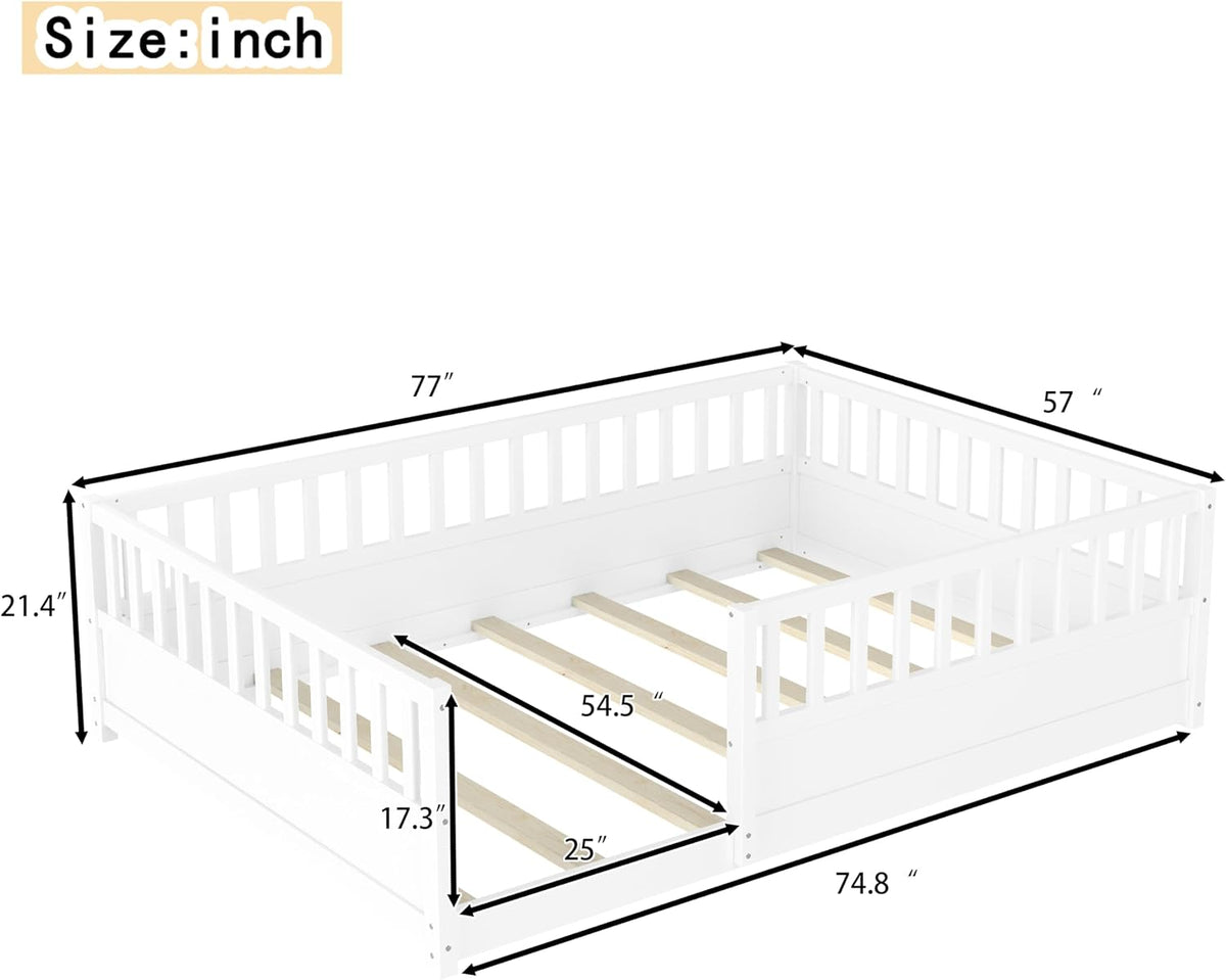 Full Size Montessori Floor Bed with High Rails