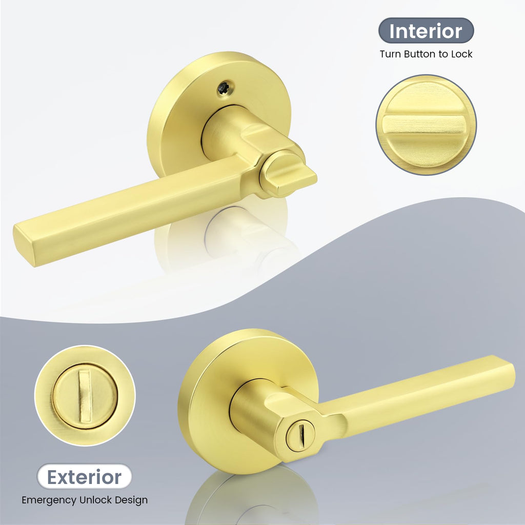 2 Pack Gold Interior Door Handle with Lock,Privacy Door Lever ,Keyless Round Door Lock Interior for Left and Right