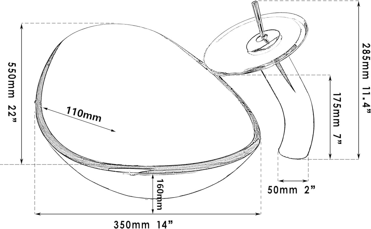 22 Inch Bathroom Vessel Sink with Waterfall Faucet and Pop-Up Drain Combo,Clear Glass Sink Bowl Above Counter Oval