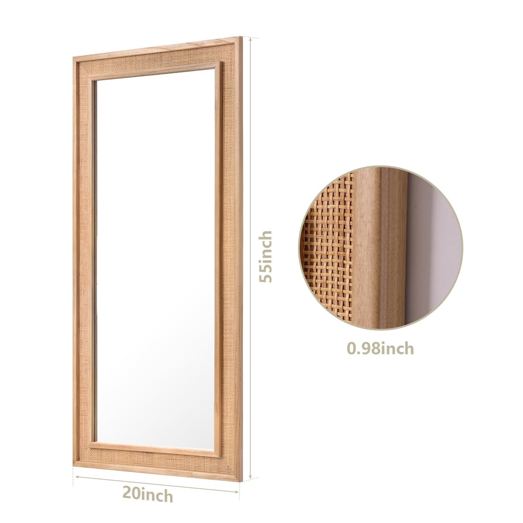 20"x55" Rattan Wall Mirror, Nature Long Rattan Full Length Mirror, Wicker Full Body Mirror, Rustic Rectangle Wood