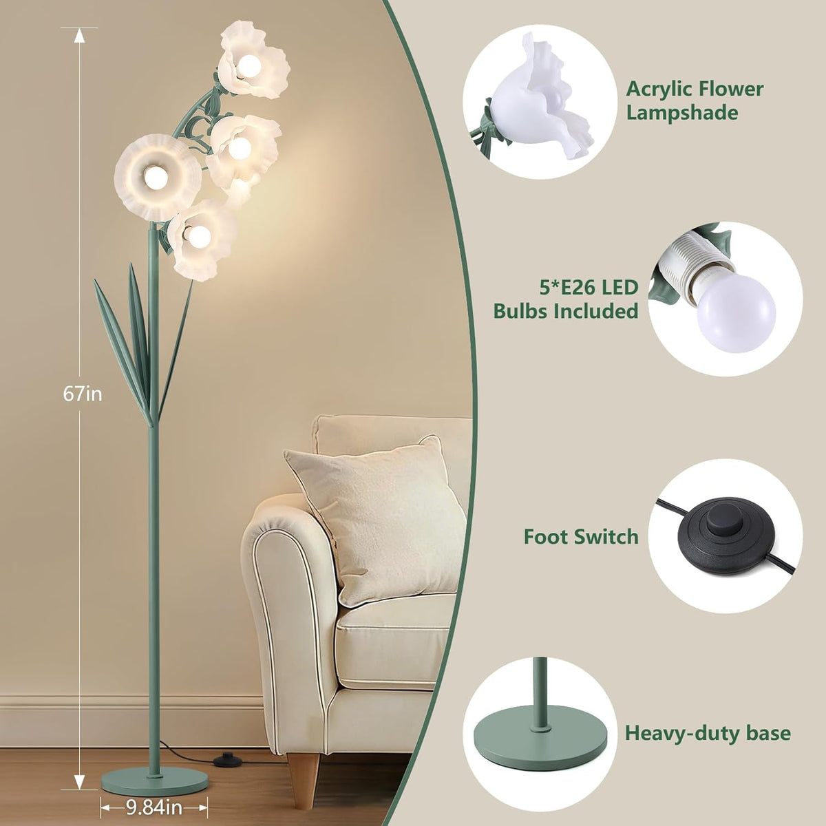5 Light Flower Floor Lamp,3 Color Temperatures, LED Arc Floor Lamp with Foot Switch,Cute Floral Standing Lamp