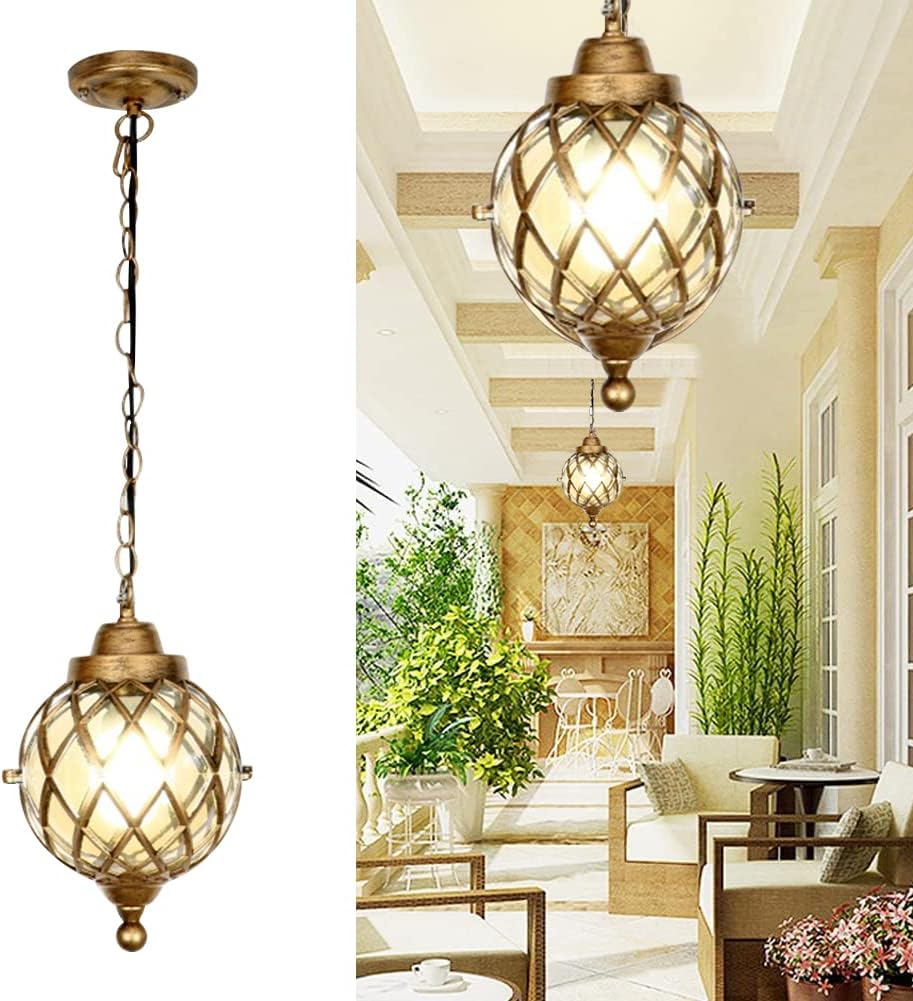 Outdoor Pendant Light For Porch, Exterior Vintage Ceiling Hanging Lamp Lantern Glass Aluminum Outside Waterproof