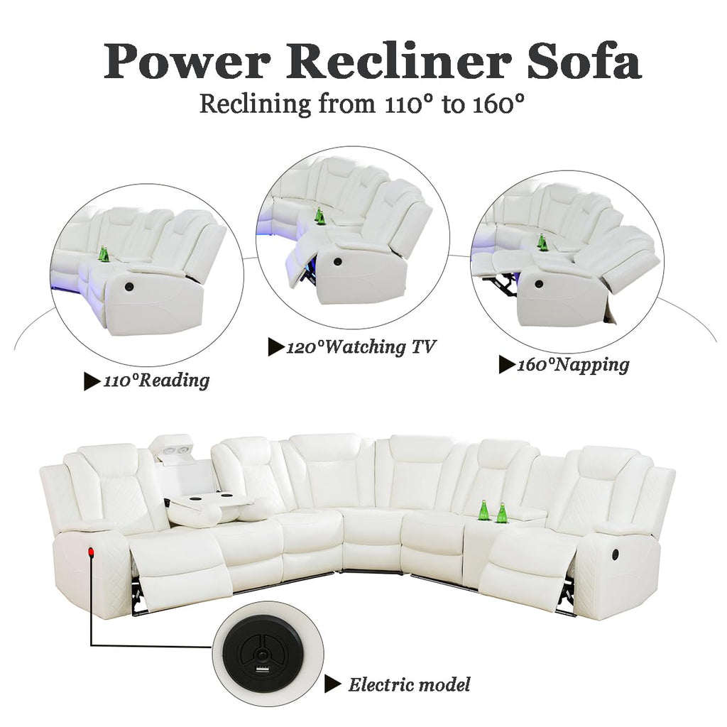 Power Recliner Sofa Set Sectional Couches with LED Light, Leather Reclining Corner Sectional Sofa Set with 2