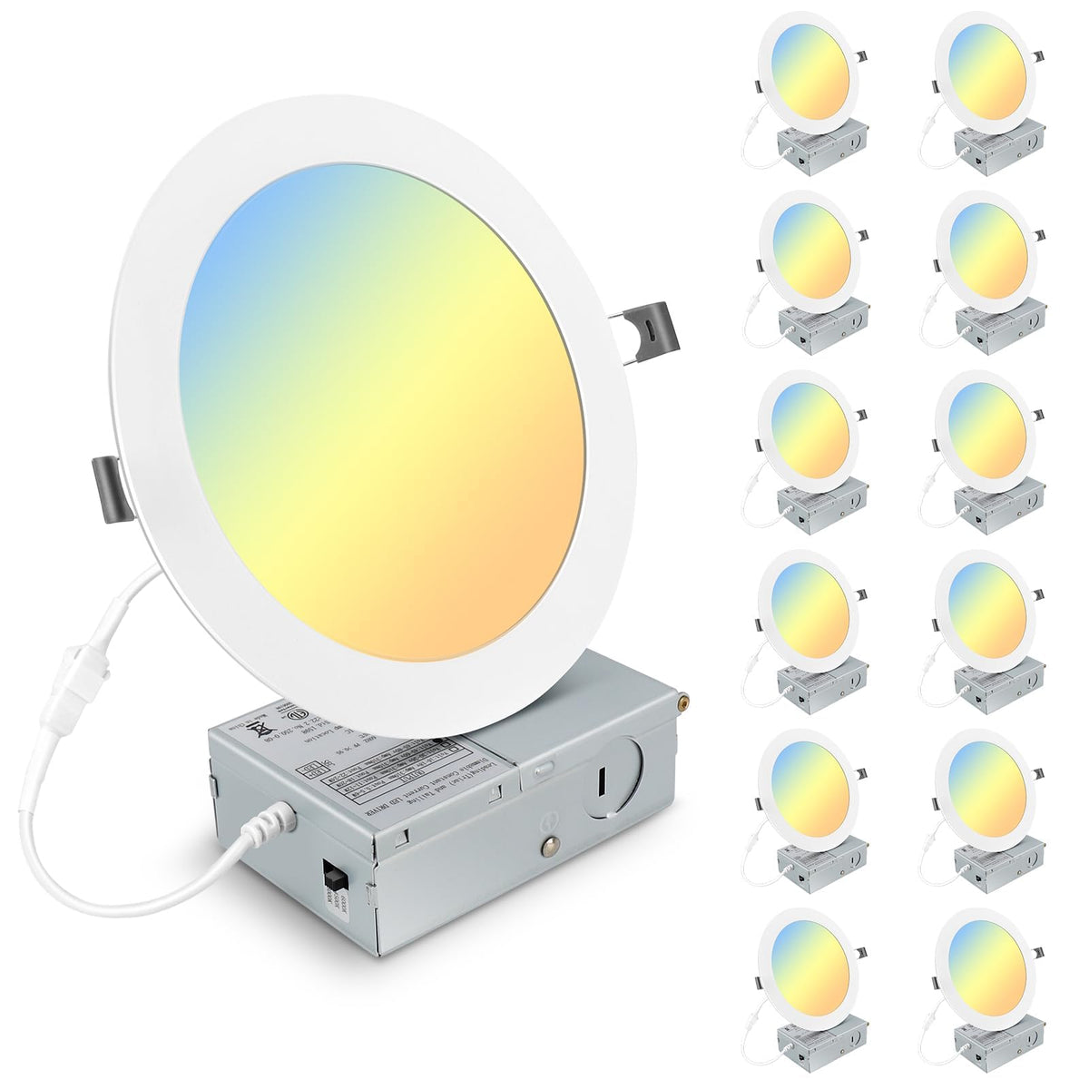 12 Pack 7 Inch 3CCT Ultra-Thin LED Recessed Light with Junction Box, 3000K/4500K/6000K Selectable, 18W Eqv 125W