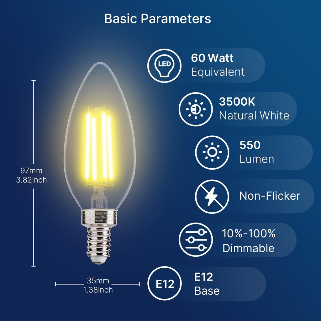 60W Equivalent LED Chandelier Light Bulbs, Dimmable LED B11 E12 Candelabra Base Bulbs, 3500K Natural White, 550LM, 6 - Set of 6