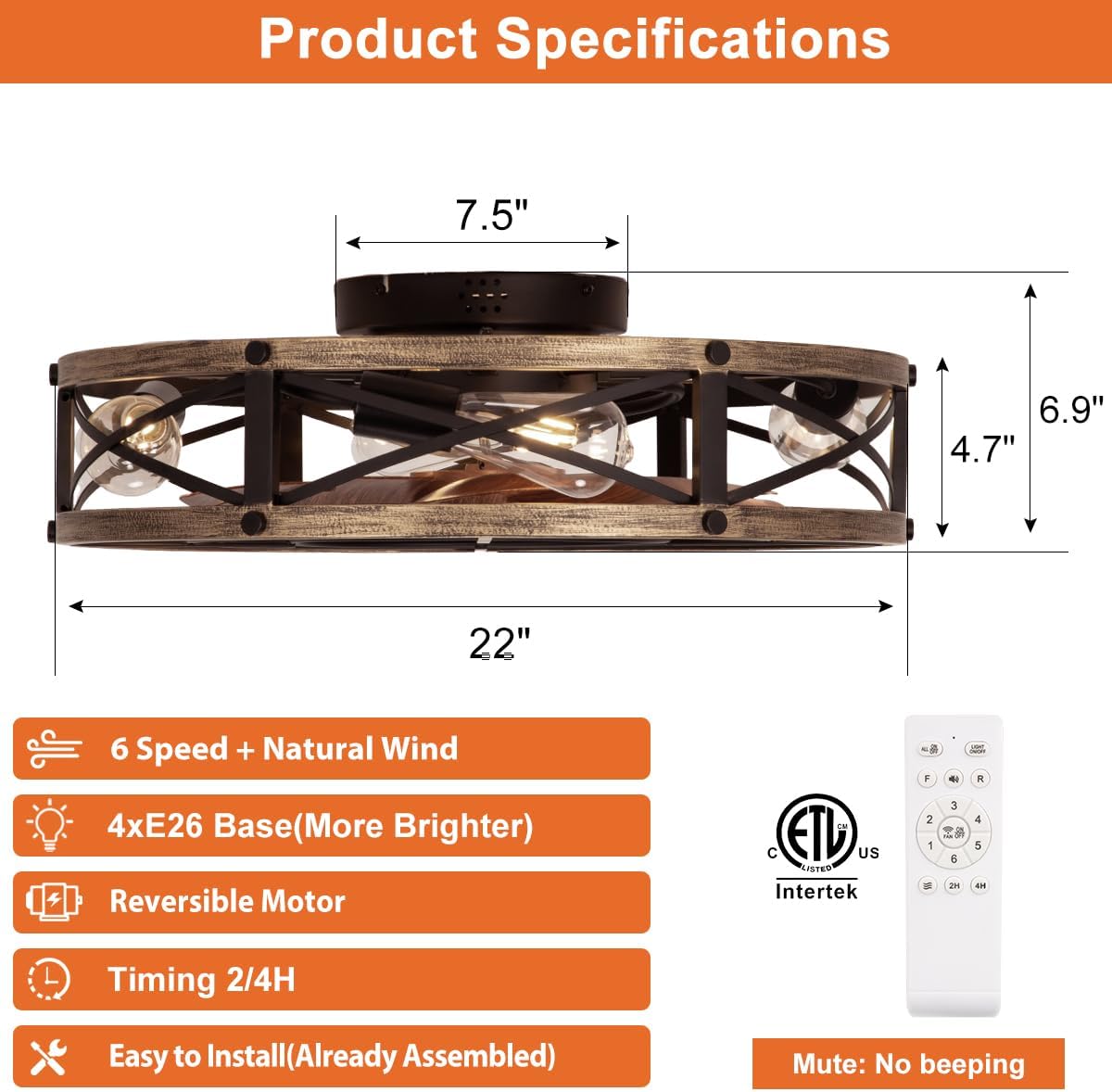22" Flush Mount Caged Ceiling Fan with Light & Remote